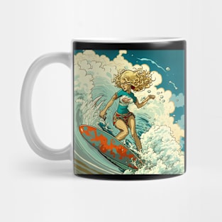 Extreme woman catching a wave on her surf board. Mug